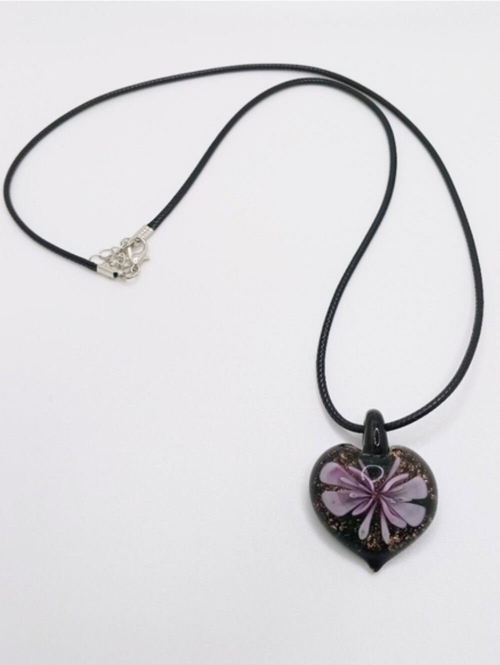 Elegant Purple Orchid Glass Heart Pendant Necklace